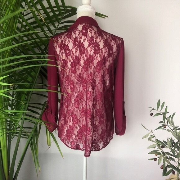 Burgundy‎ Sheer Button Up Blouse with Lace Back, Long Sleeve Shirt Y2K - Picture 4 of 7